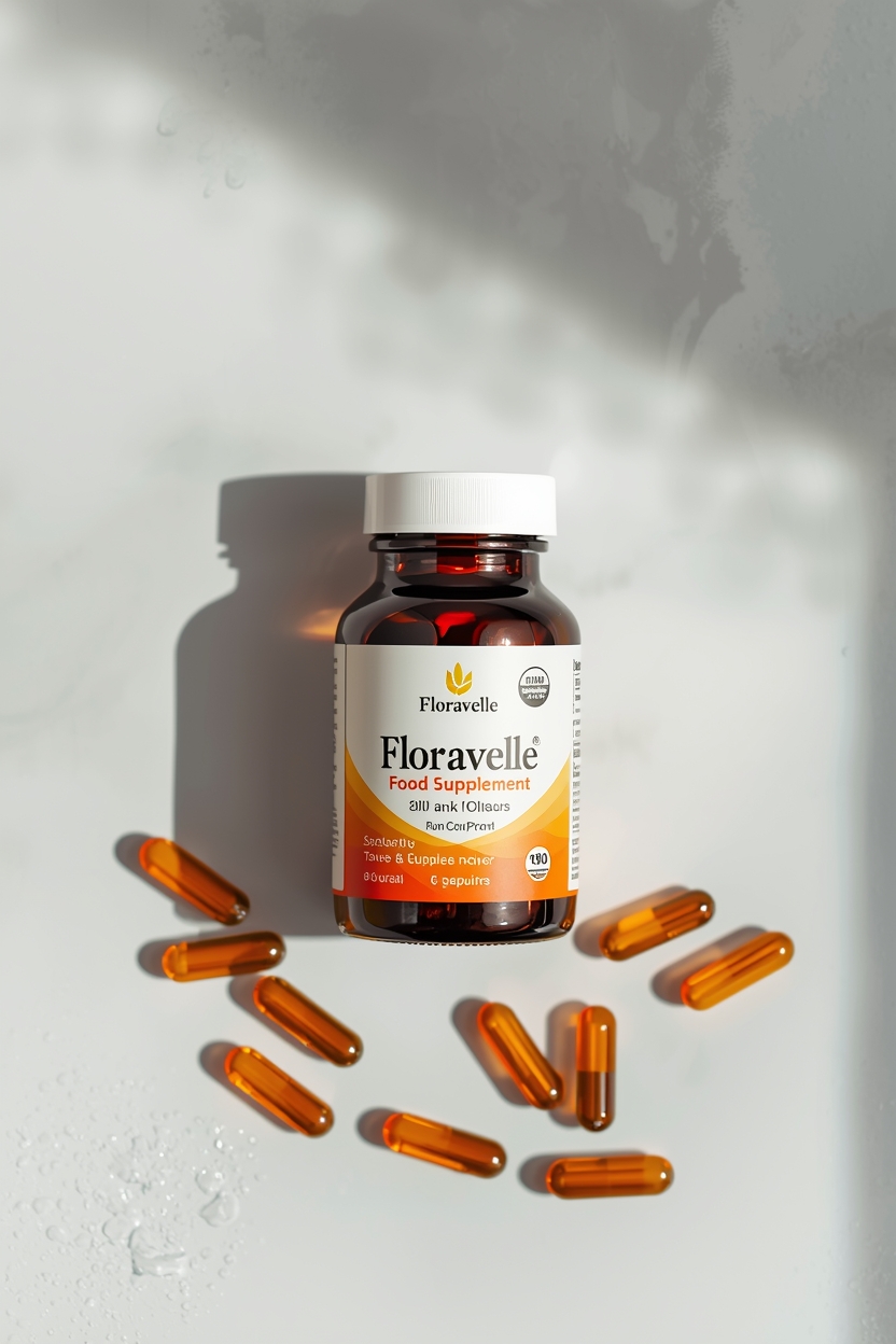 Floravelle food supplement bottle on a clean surface